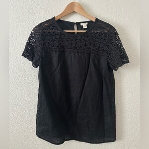 J. Crew Factory Black Linen & Lace T-Shirt Size 2